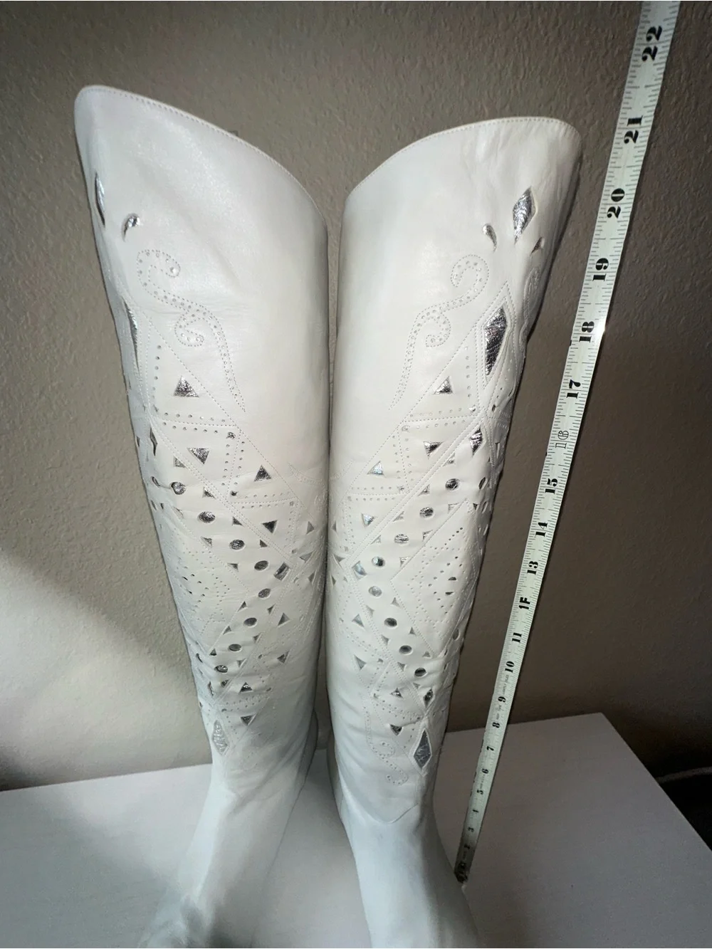 Vintage Caporicci White Western Knee High Boots Game Day Festival Bride Bridal 8